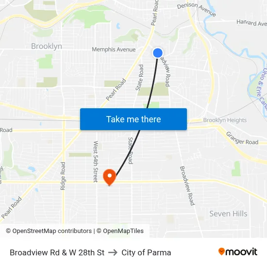 Broadview Rd & W 28th St to City of Parma map