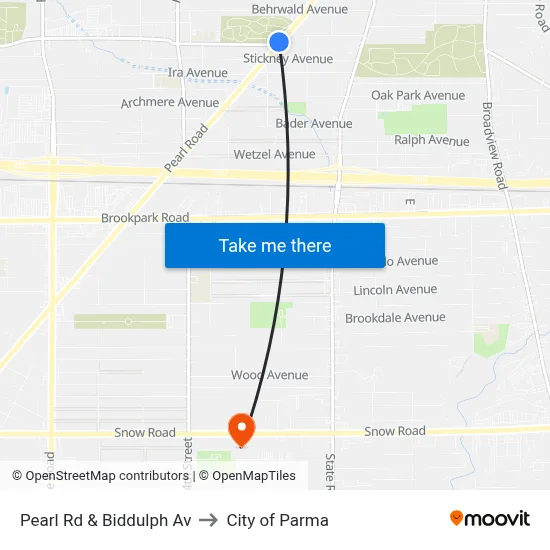 Pearl Rd & Biddulph Av to City of Parma map