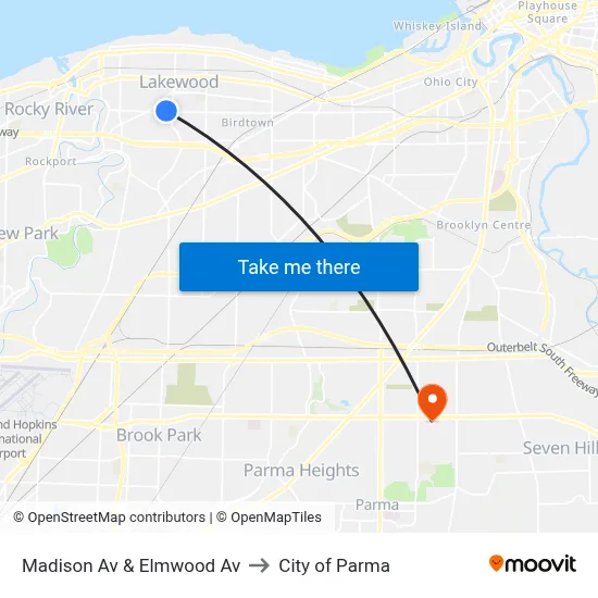 Madison Av & Elmwood Av to City of Parma map