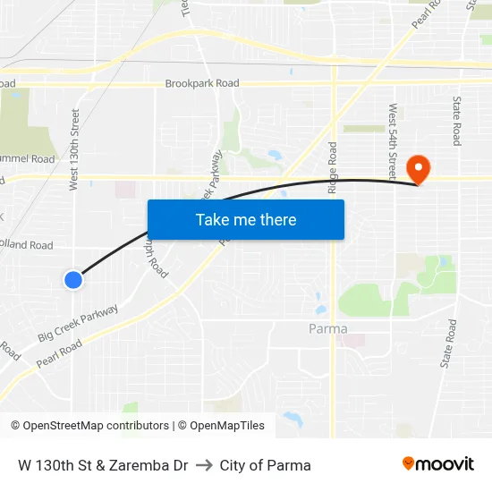 W 130th St & Zaremba Dr to City of Parma map