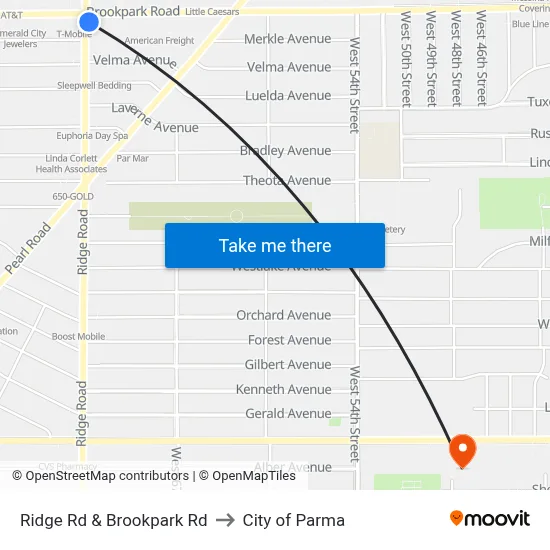 Ridge Rd & Brookpark Rd to City of Parma map