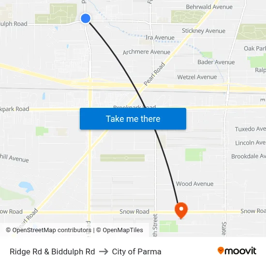 Ridge Rd & Biddulph Rd to City of Parma map