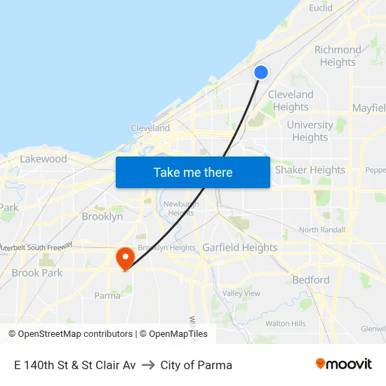 E 140th St & St Clair Av to City of Parma map