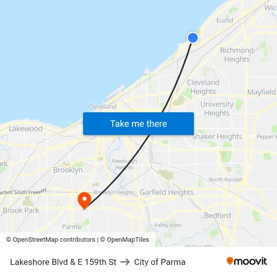 Lakeshore Blvd & E 159th St to City of Parma map