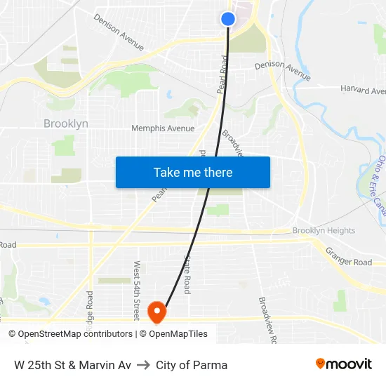 W 25th St & Marvin Av to City of Parma map