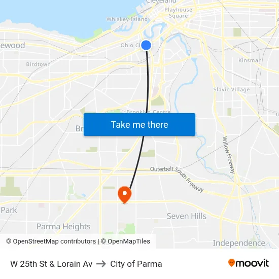 W 25th St & Lorain Av to City of Parma map