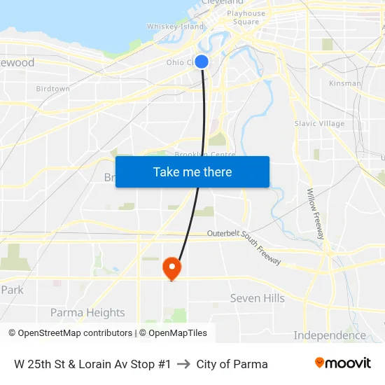 W 25th St & Lorain Av Stop #1 to City of Parma map