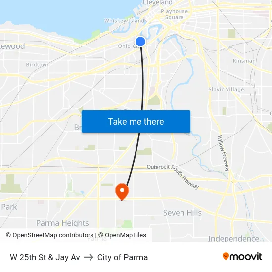 W 25th St & Jay Av to City of Parma map