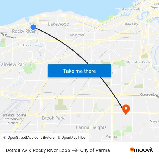 Detroit Av & Rocky River Loop to City of Parma map