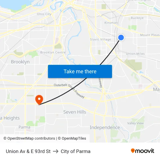 Union Av & E 93rd St to City of Parma map