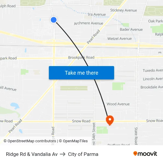Ridge Rd & Vandalia Av to City of Parma map