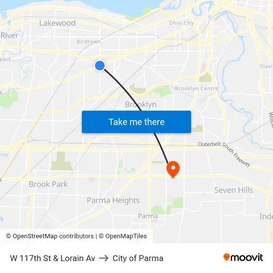 W 117th St & Lorain Av to City of Parma map