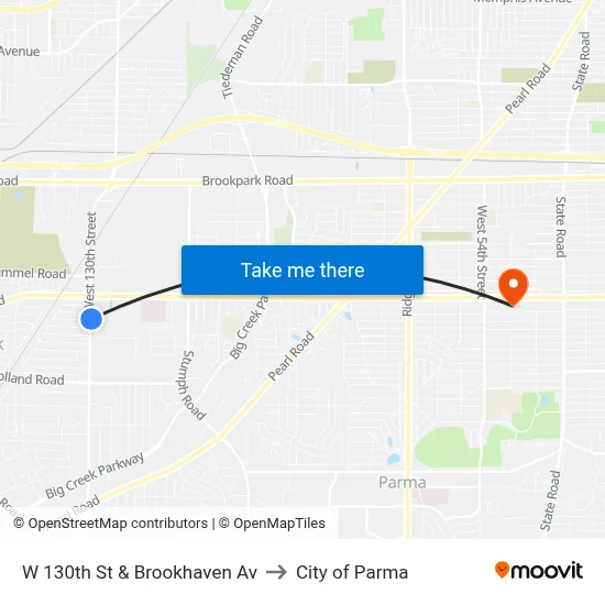 W 130th St & Brookhaven Av to City of Parma map
