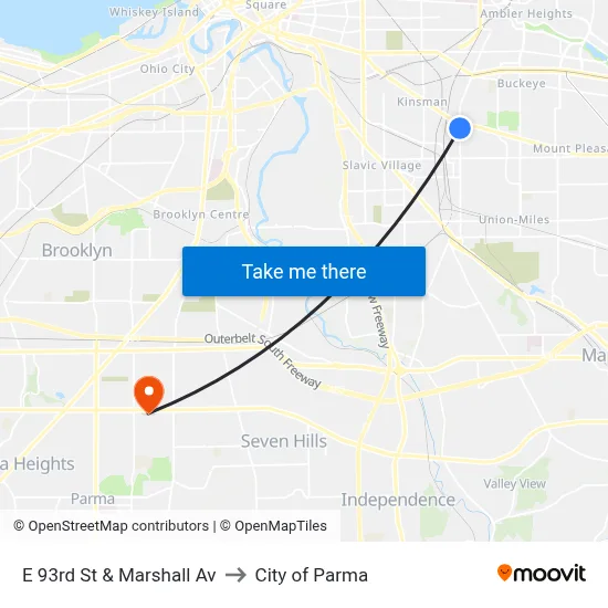 E 93rd St & Marshall Av to City of Parma map
