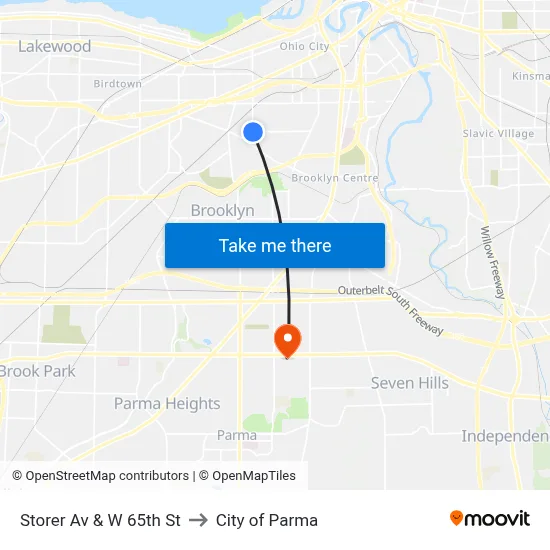 Storer Av & W 65th St to City of Parma map