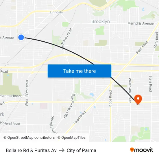 Bellaire Rd & Puritas Av to City of Parma map