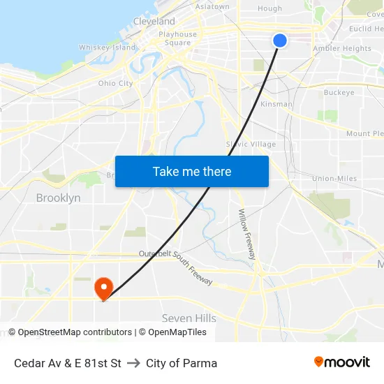 Cedar Av & E 81st St to City of Parma map