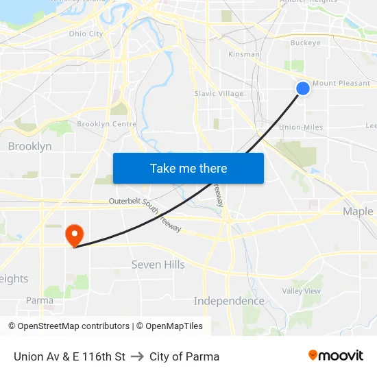 Union Av & E 116th St to City of Parma map