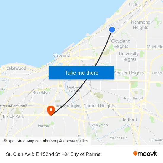 St. Clair Av & E 152nd St to City of Parma map