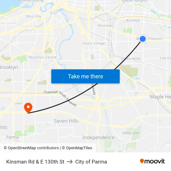 Kinsman Rd & E 130th St to City of Parma map
