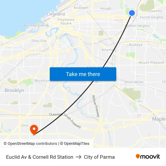 Euclid Av & Cornell Rd Station to City of Parma map