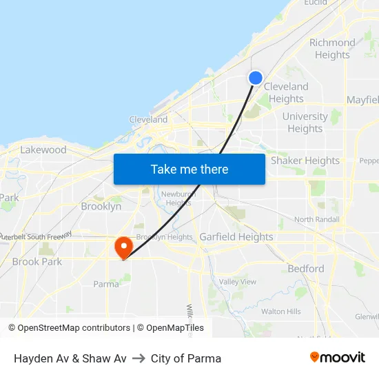 Hayden Av & Shaw Av to City of Parma map