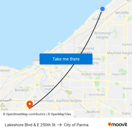 Lakeshore Blvd & E 250th St to City of Parma map