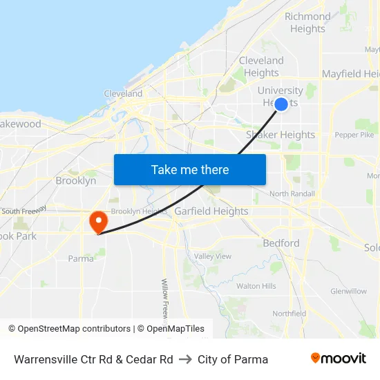 Warrensville Ctr Rd & Cedar Rd to City of Parma map