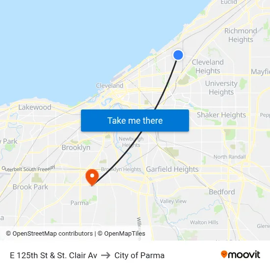 E 125th St & St. Clair Av to City of Parma map