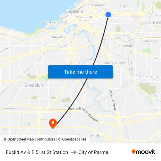 Euclid Av & E 51st St Station to City of Parma map