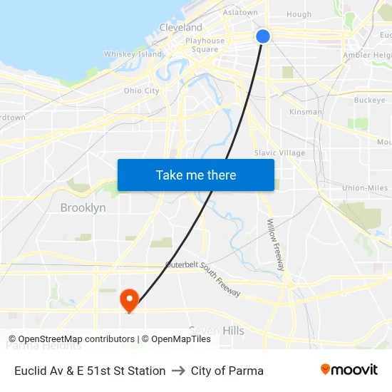 Euclid Av & E 51st St Station to City of Parma map