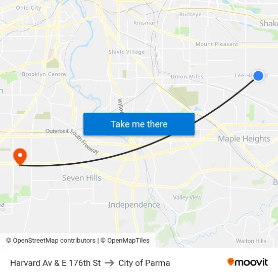 Harvard Av & E 176th St to City of Parma map