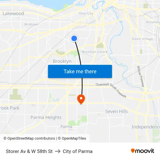 Storer Av & W 58th St to City of Parma map