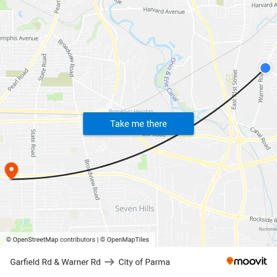 Garfield Rd & Warner Rd to City of Parma map