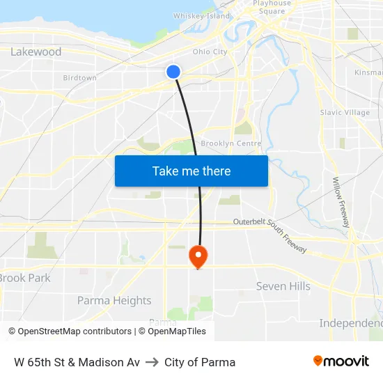 W 65th St & Madison Av to City of Parma map