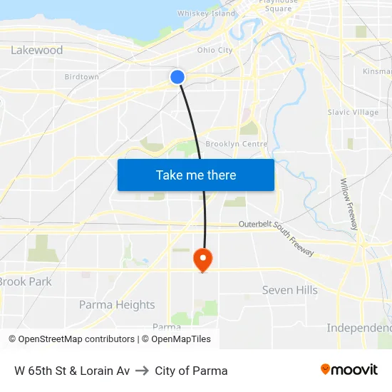 W 65th St & Lorain Av to City of Parma map