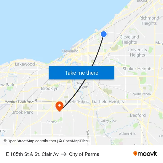 E 105th St & St. Clair Av to City of Parma map