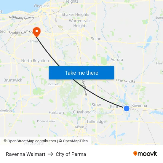 Ravenna Walmart to City of Parma map