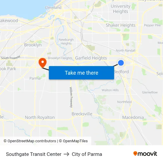 Southgate Transit Center to City of Parma map