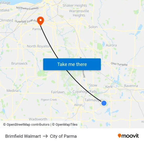 Brimfield Walmart to City of Parma map