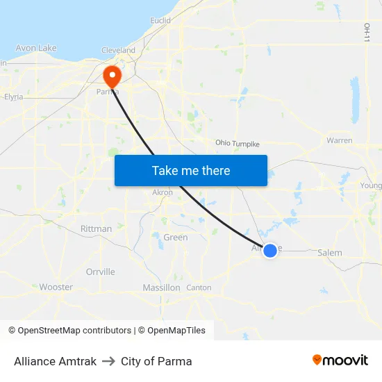 Alliance Amtrak to City of Parma map