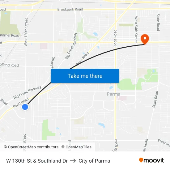 W 130th St & Southland Dr to City of Parma map