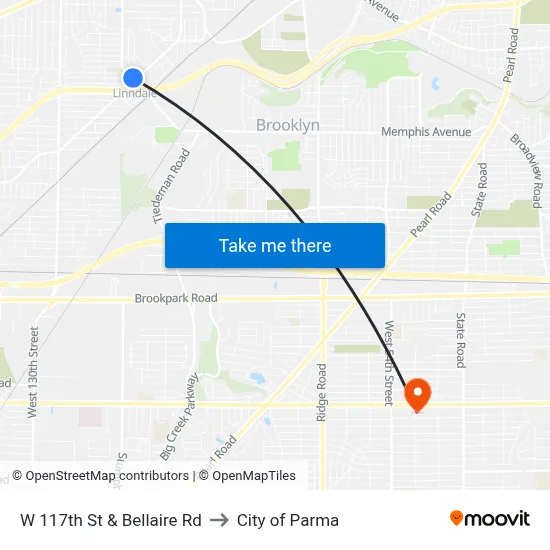 W 117th St & Bellaire Rd to City of Parma map