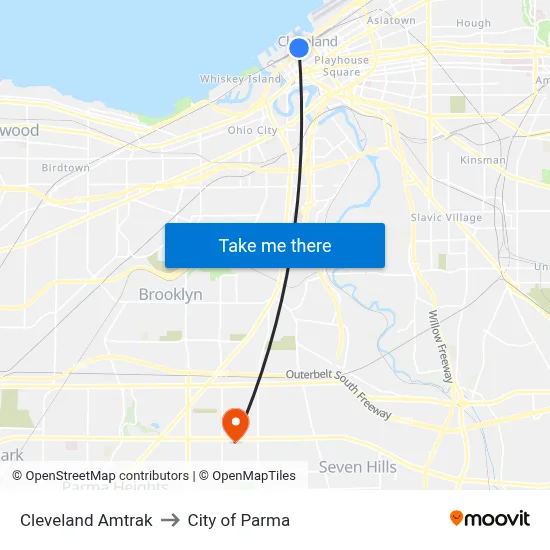 Cleveland Amtrak to City of Parma map