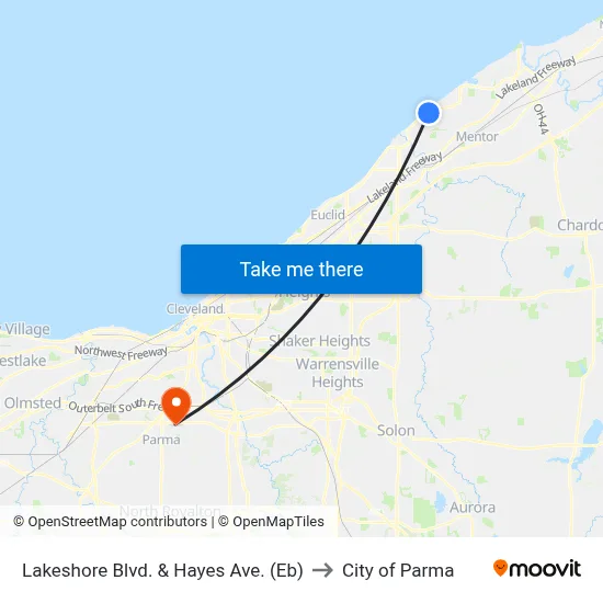 Lakeshore Blvd. & Hayes Ave. (Eb) to City of Parma map
