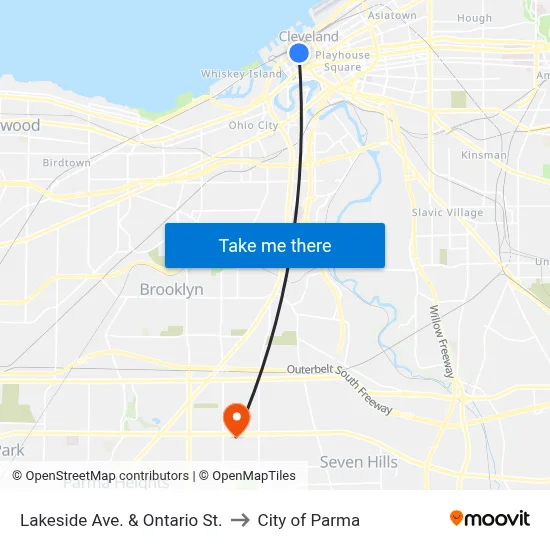 Lakeside Ave. & Ontario St. to City of Parma map