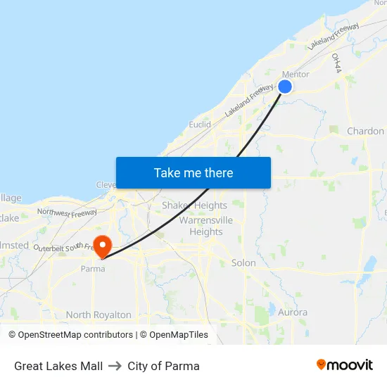 Great Lakes Mall to City of Parma map