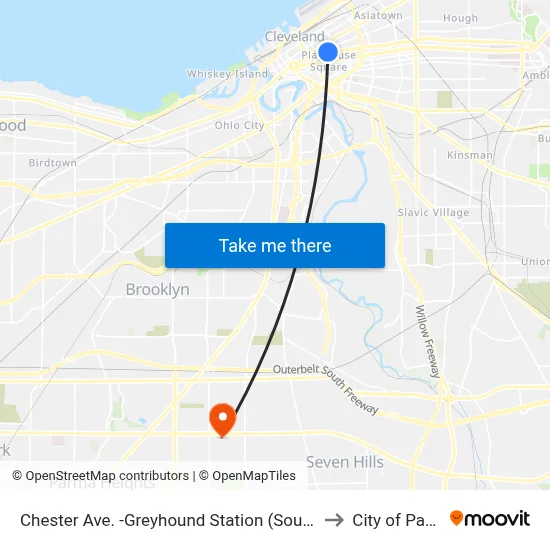 Chester Ave. -Greyhound Station (South Side) to City of Parma map