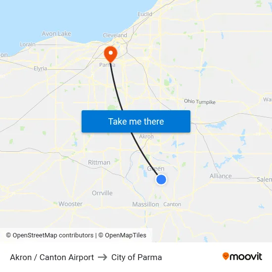 Akron / Canton Airport to City of Parma map