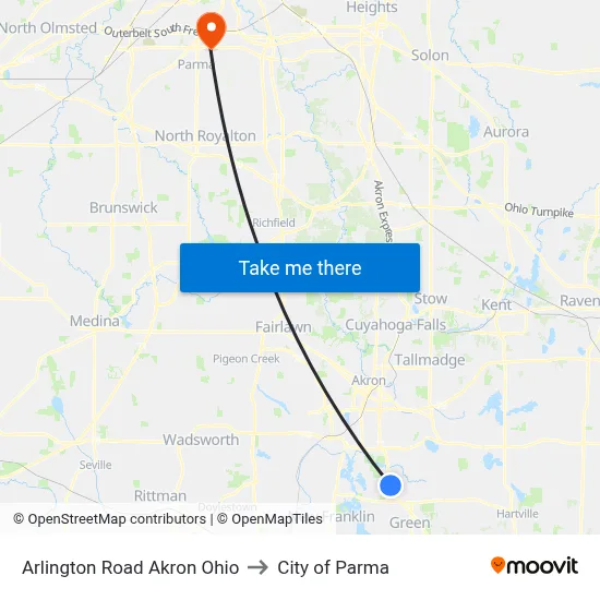 Arlington Road Akron Ohio to City of Parma map
